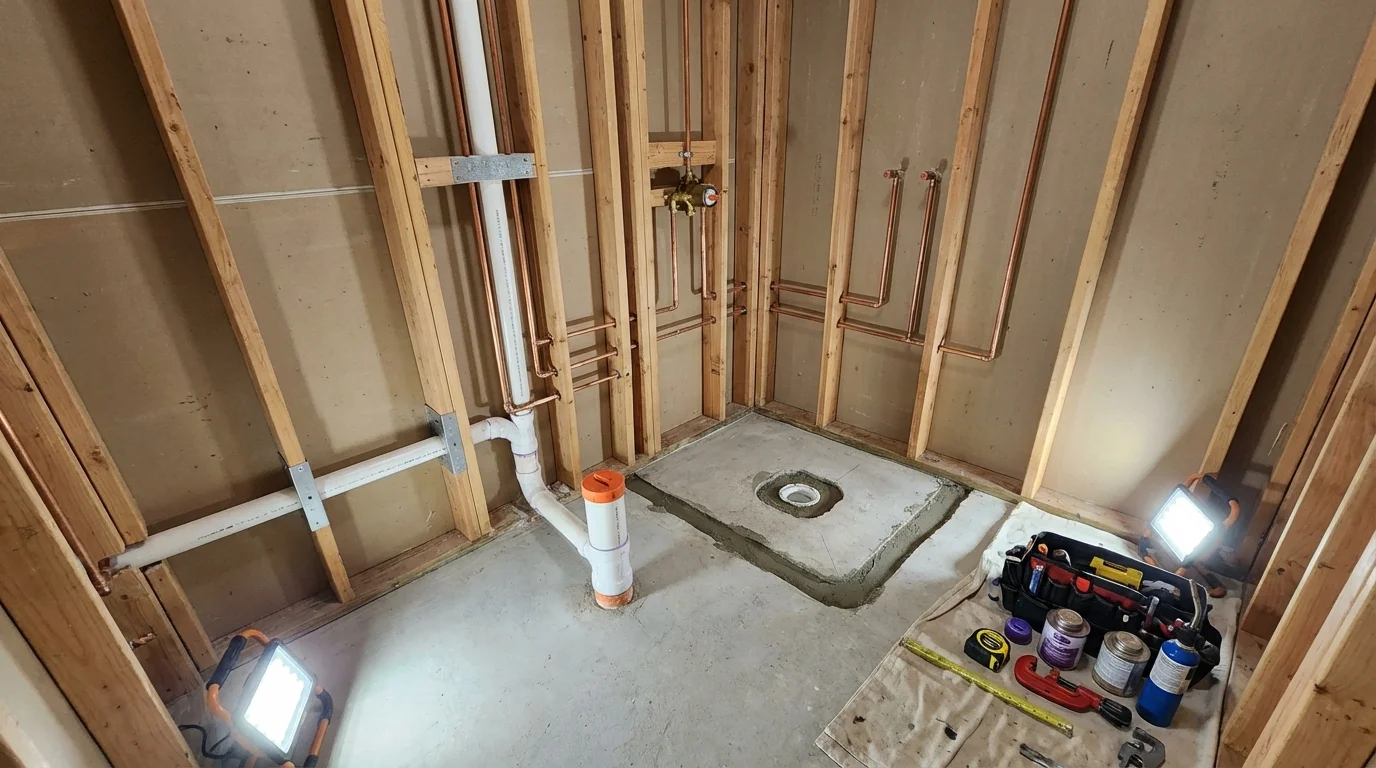 Bathroom rough-in plumbing during remodel by Johns Plumbing LLC in New Bedford