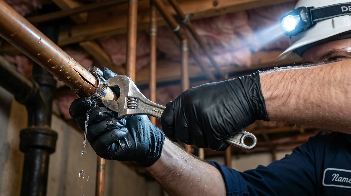 Emergency pipe clamp repair being performed by a Johns Plumbing LLC plumber in New Bedford