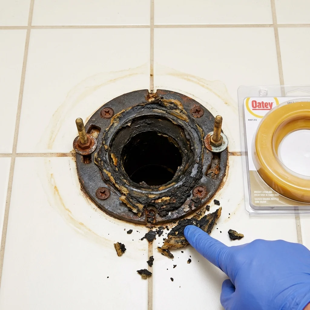 Failed wax ring showing water seepage at the base of a toilet in a New Bedford, MA home