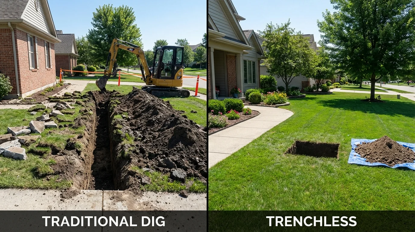 Trenchless sewer repair with minimal yard damage versus traditional excavation in New Bedford, MA