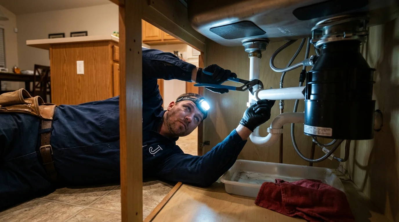 P-trap and supply line connections under a kitchen sink showing a common leak point in New Bedford, MA
